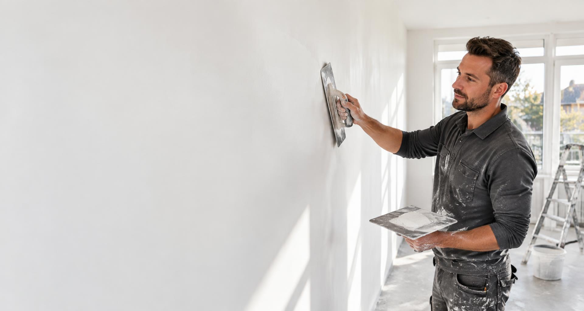 Vakman die een wand glad afwerkt in een gerenoveerde woning